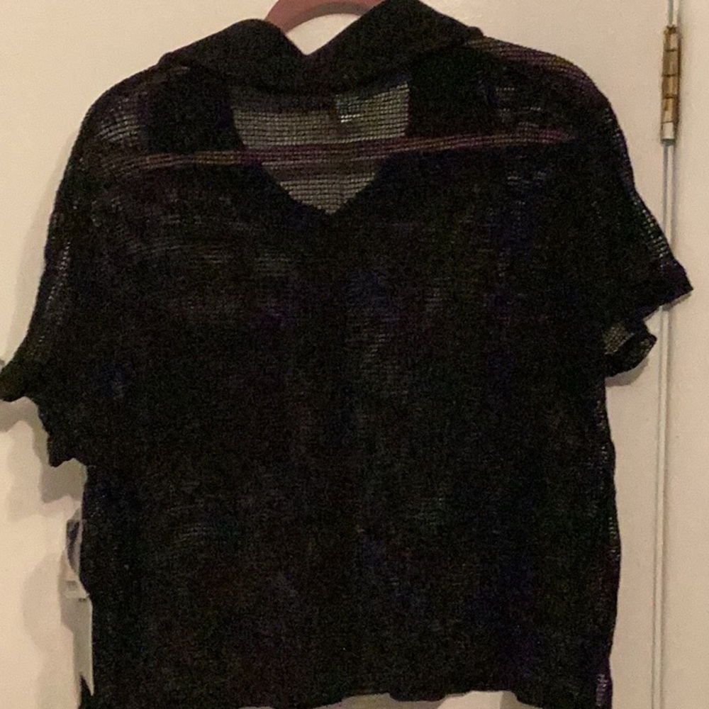 Black 2 Piece Mesh Button Down Swim Coverup with Notched Collar - Picture 8 of 16